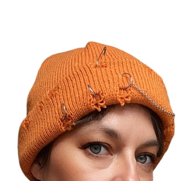Miniature : The Orange Ripped Beanie with Silver Chains