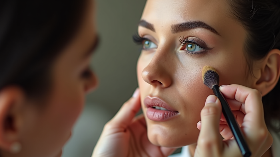 Close-up view of a makeup artist applying foundation on a client’s cheek