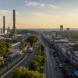 Vista de Manaus com indústria e comércio, representando os efeitos de novos investimentos na gestão das empresas locais