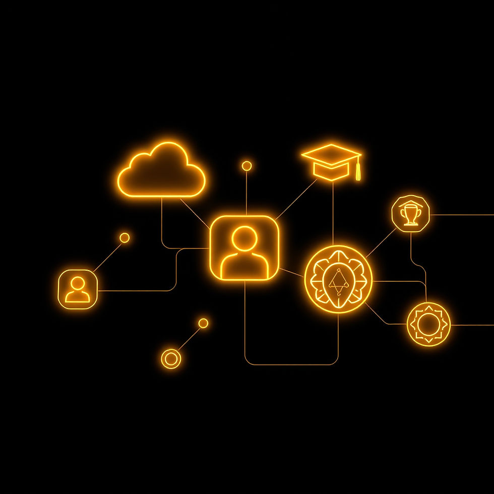 Abstract dark cinematic wide background. _Multiple golden glowing service icons — _cloud,