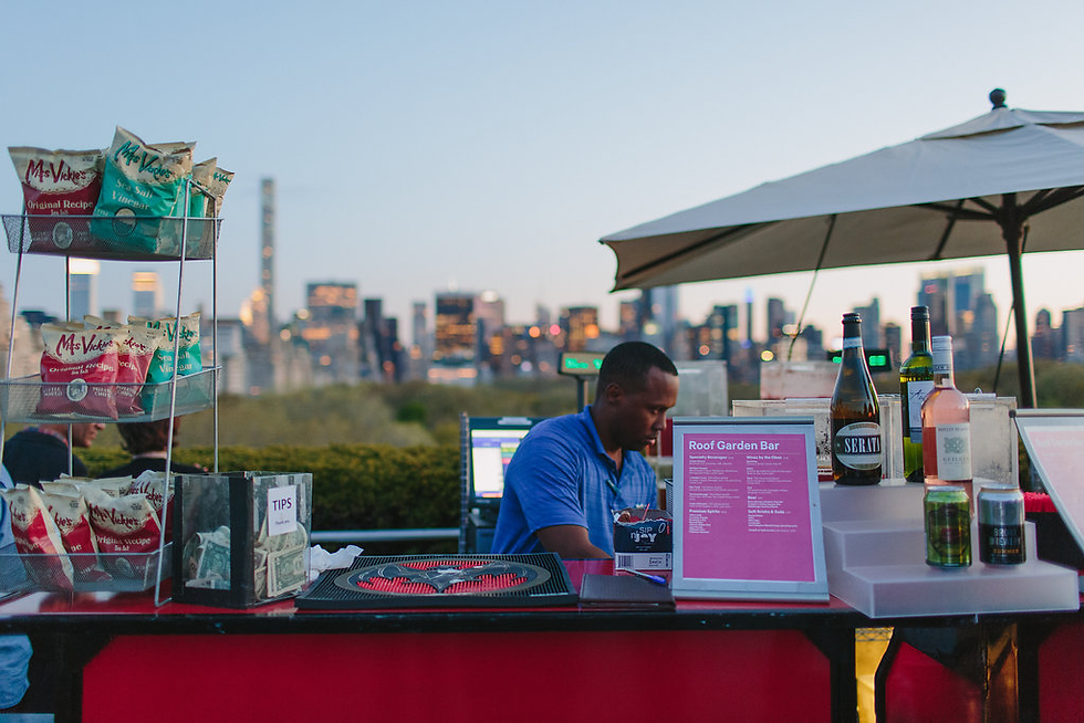 Bartender in a blue shirt at Roof Garden Bar with NYC skyline backdrop. Chips display and liquor bottles on counter. Evening ambiance.