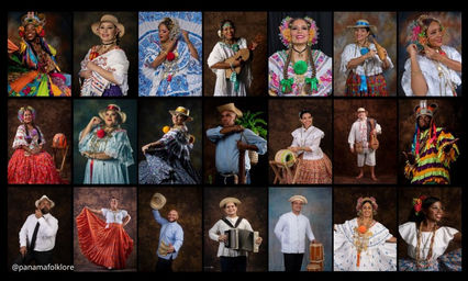 Folleto de mano abierto mostrando una cuadrícula de fotografías con diferentes tipos de polleras y vestuarios típicos panameños.