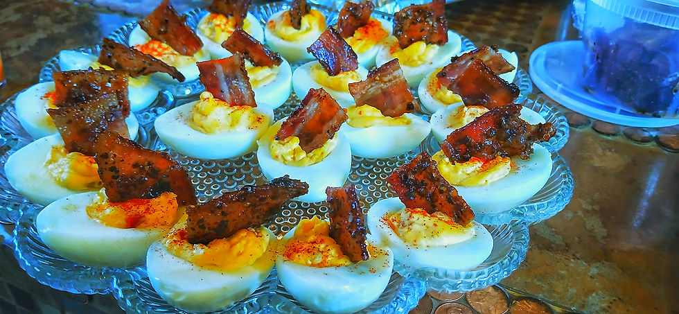 Deviled eggs with crisp toppings