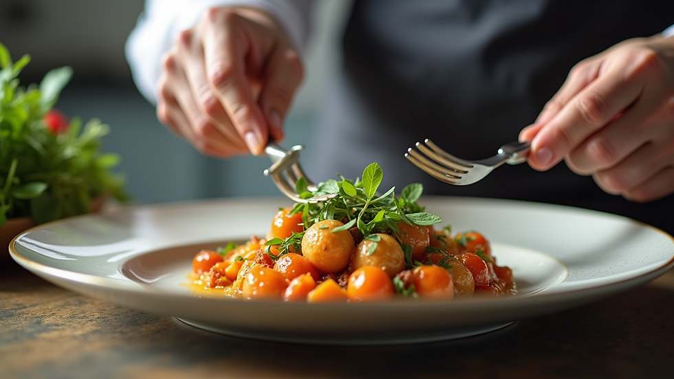 Close-up view of a chef’s hands plating a colorful, gourmet dish in a home kitchen