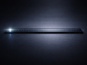 A sleek, dark metal ruler lies horizontally on a textured surface under soft, dramatic lighting, with a bright light source glowing near the left edge and measurement markings faintly visible along its length.
