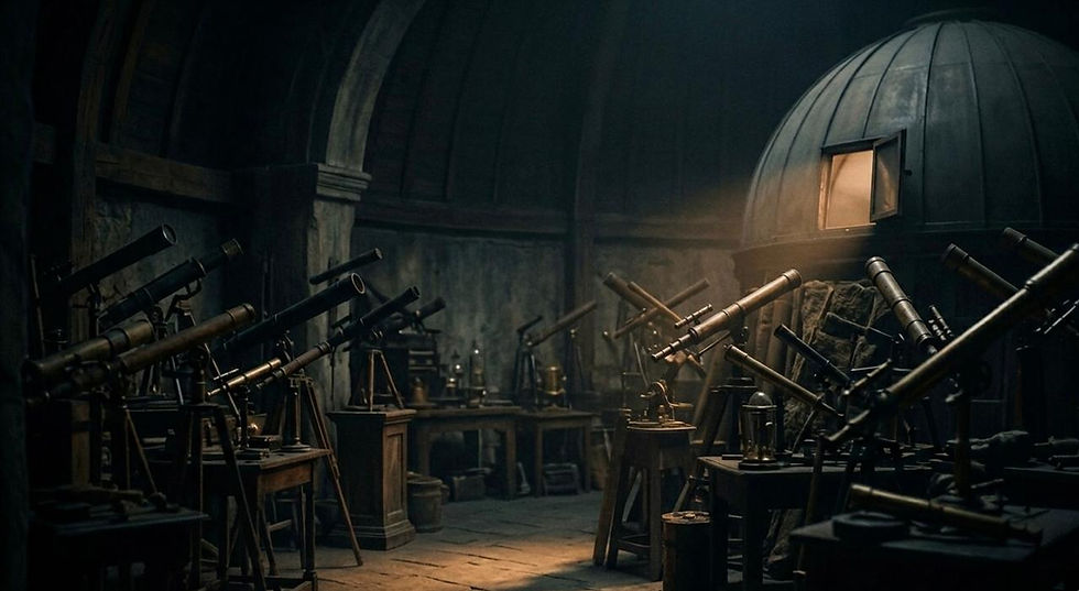 Dimly lit observatory with multiple telescopes on stands, wooden furniture, and a domed ceiling. A warm light glows from a small window.