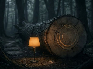 A glowing lamp beside a fallen tree trunk in a dark forest. The lamp casts warm light on the bark, creating a mysterious, serene atmosphere.