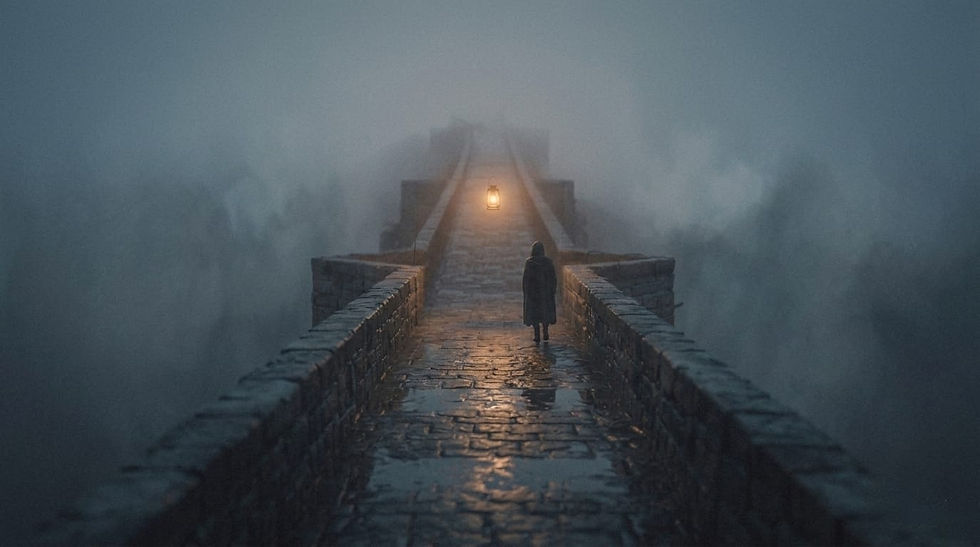 Person in a coat walking on a foggy stone bridge towards a glowing lantern. The scene is misty and atmospheric, creating a mysterious mood.