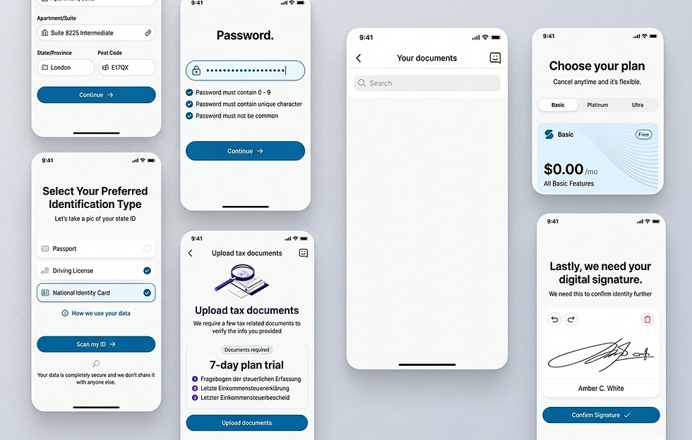 Mobile app screens showing ID selection, password creation, document upload, plan choice, and digital signature; blue and white theme.