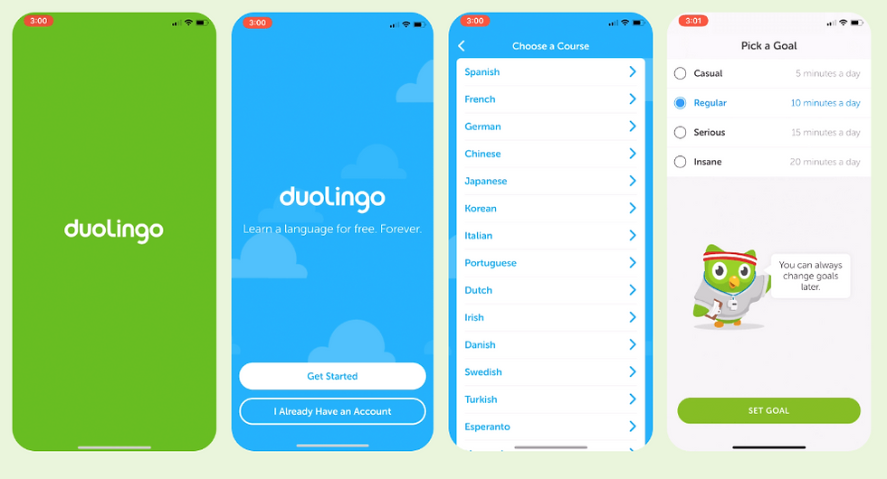 Four Duolingo app screens show app logos, language choices, and a friendly owl setting learning goals with bright green and blue backgrounds.