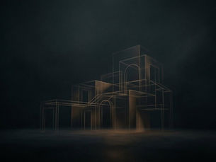 Geometric wireframe structures glow softly in a dark, misty setting, creating a mysterious and ethereal atmosphere.