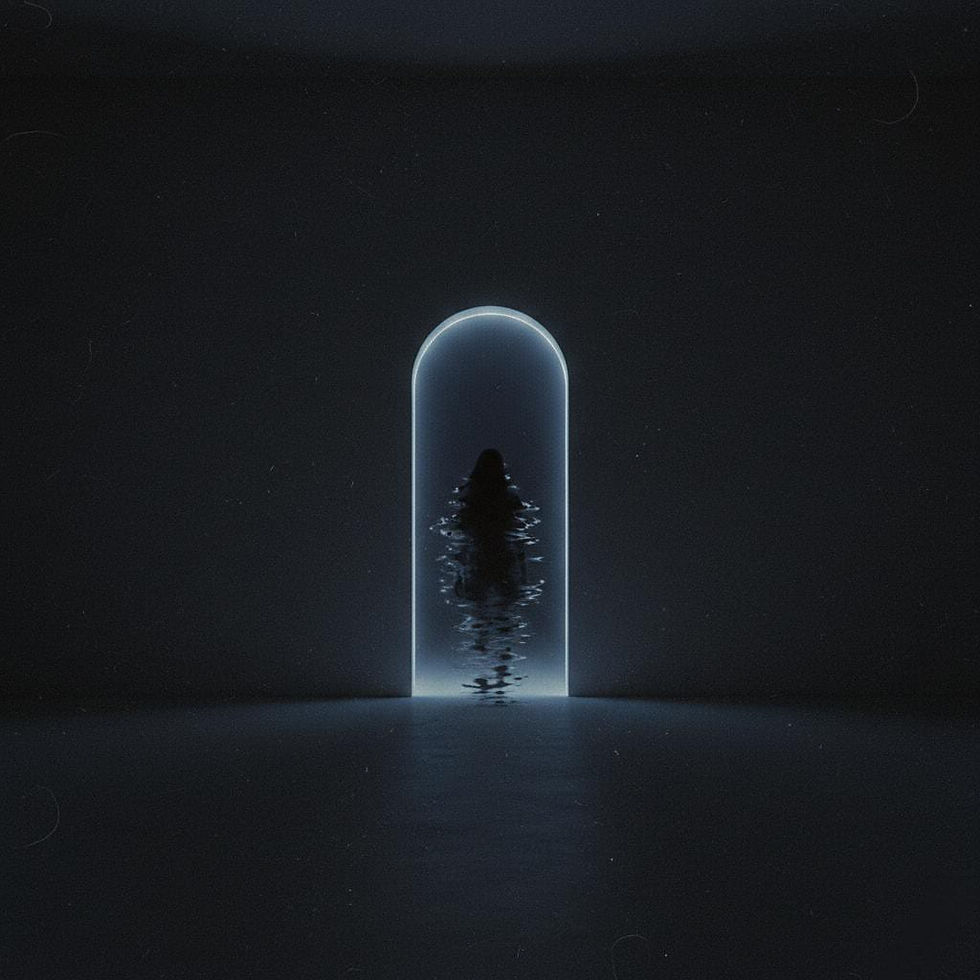 A shadowy figure stands in a glowing arched doorway, surrounded by darkness. Eerie, mysterious mood with a minimalist design.