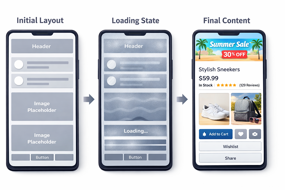 Three phone screens display app states: Initial Layout with gray placeholders, Loading State with shimmer effect, and Final Content showing a sale ad.