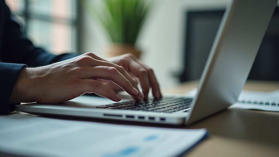 Eye-level view of a person typing on a laptop during an online legal consultation