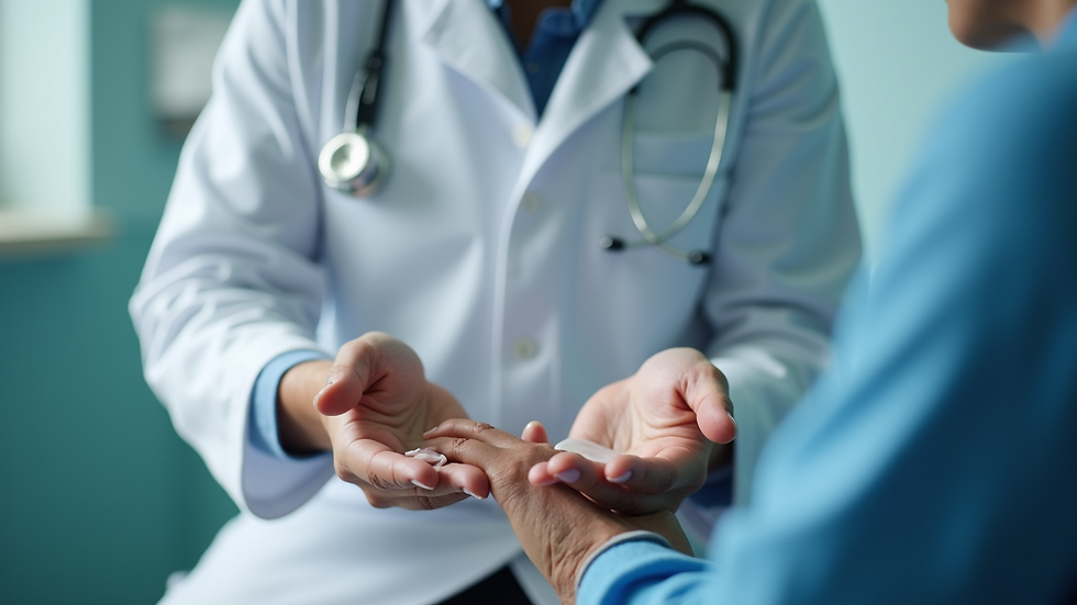 Imagem lateral de um médico examinando um paciente com relatório médico em mãos