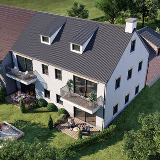 Aerial 3D exterior visualization of a residential development showing multiple buildings, private gardens and surrounding landscape.