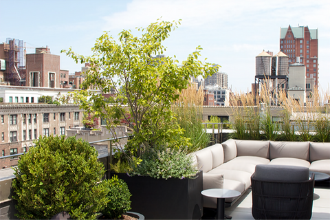 A penthouse rooftop garden on Park Avenue by Staghorn NYC Landscape Design with porcelain decking pavers, durable fiberglass planters, lush plantings, and outdoor sectional sofa and lounge furniture.