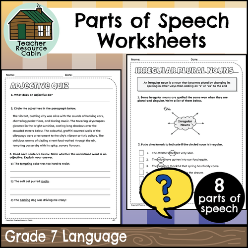 Parts of Speech Worksheets (Grade 7) TeacherResourceCabin