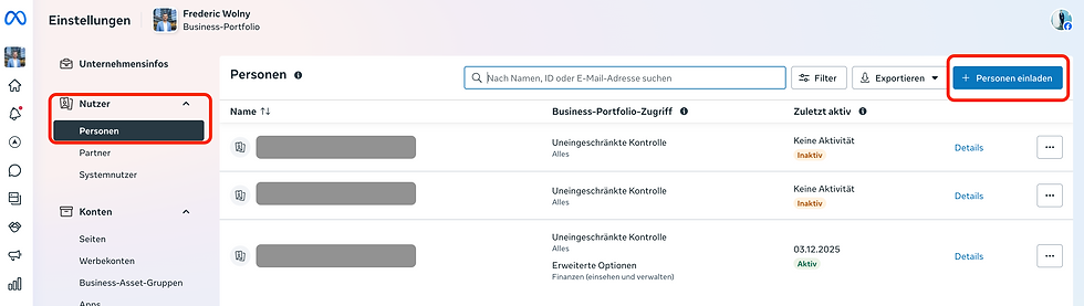 Screenshot: Personen zum Business Manager hinzufügen