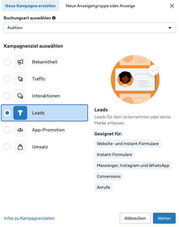Screenshot Leads als Kampagnenziel bei Meta