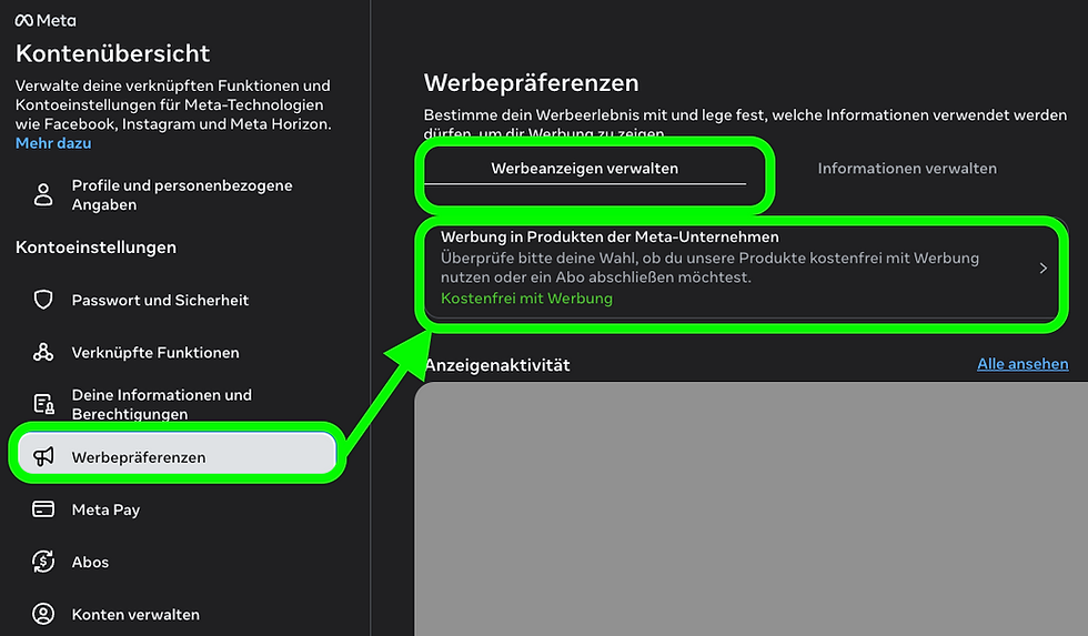 Facebook Kontoübersicht Werbepräferenzen - Werbeanzeigen Verwalten