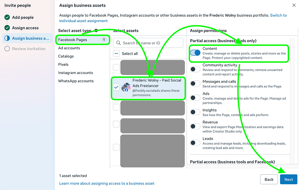 Screenshot assign rights for assets in the meta business manager