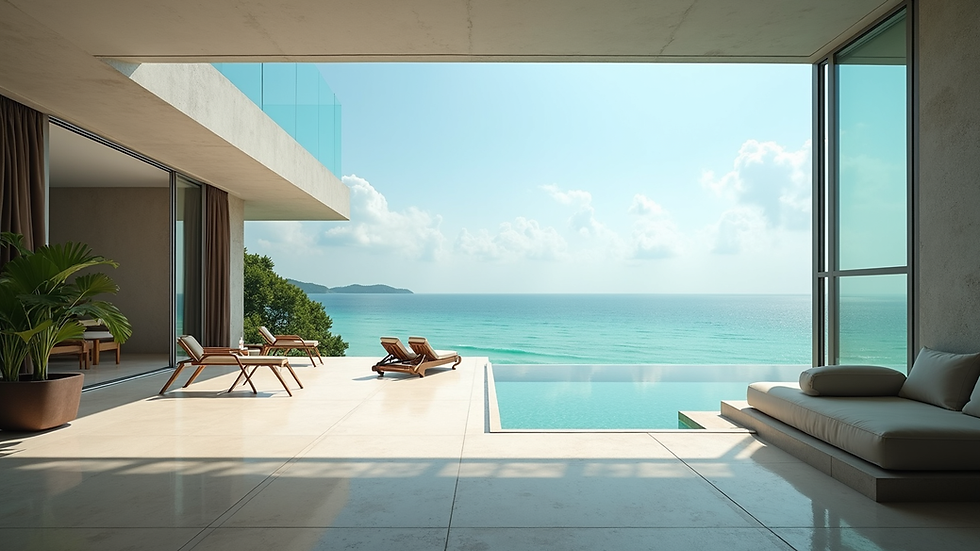 Eye-level view of a luxury villa terrace overlooking the Andaman Sea