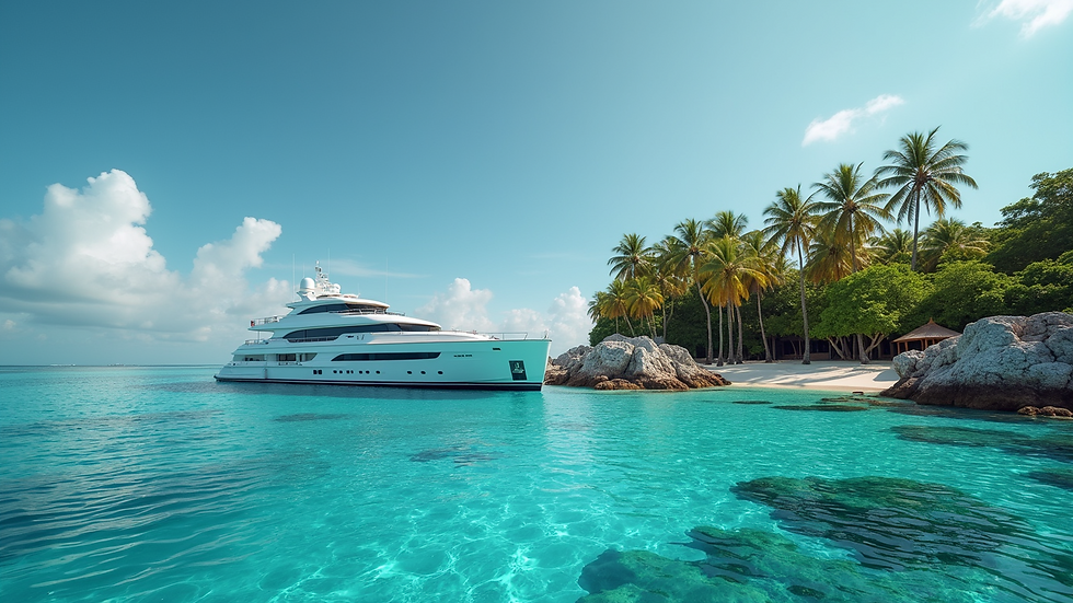 Wide angle view of a luxury yacht anchored near a tropical island