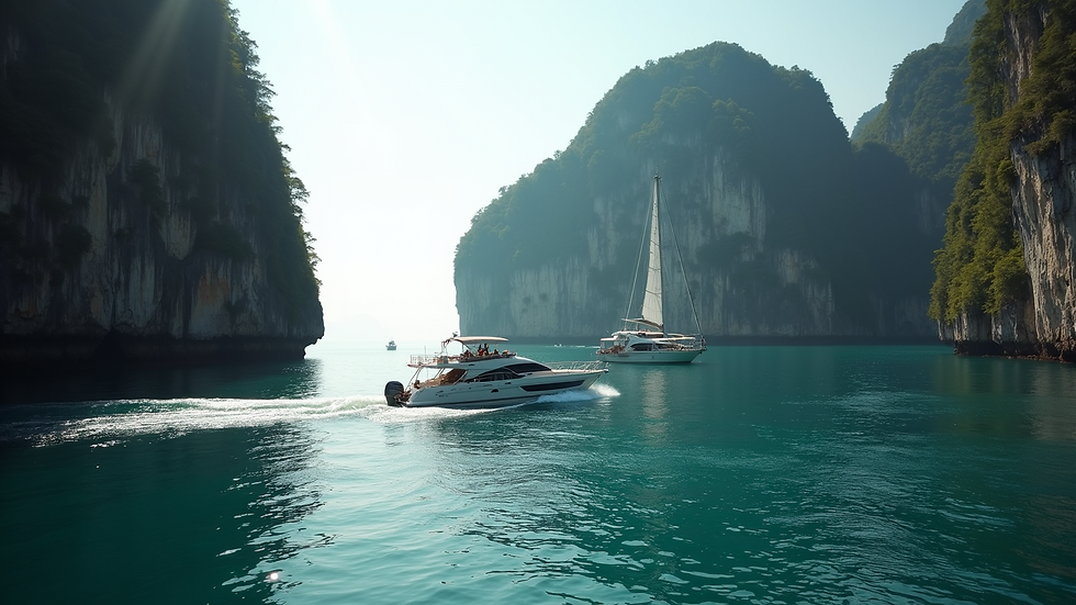 High angle view of a private boat cruising near limestone cliffs