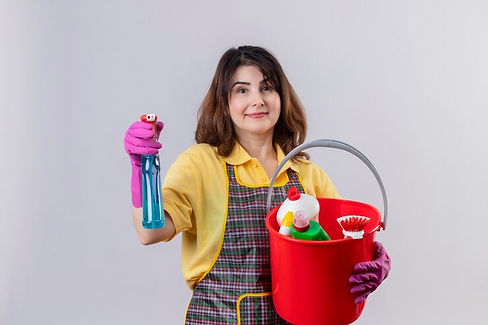 middle-aged-woman-wearing-apron-rubber-gloves-holding-bucket-with-cleaning-tools-cleaning-