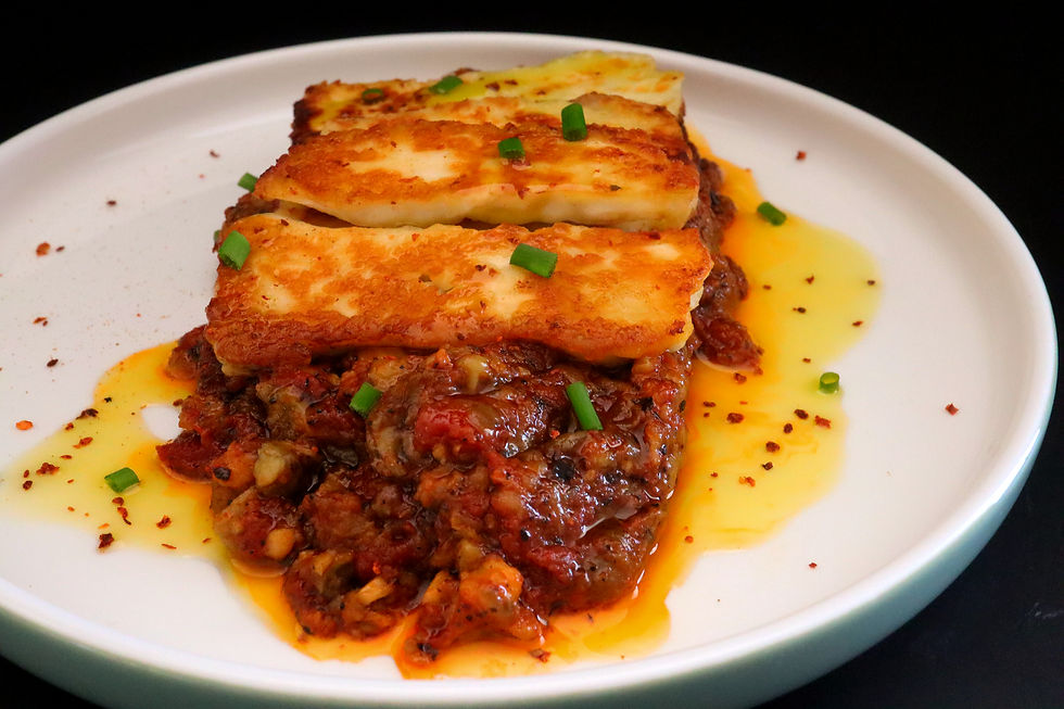 Zaalouk mit Halloumi (marokkanischer Auberginen-Dip)