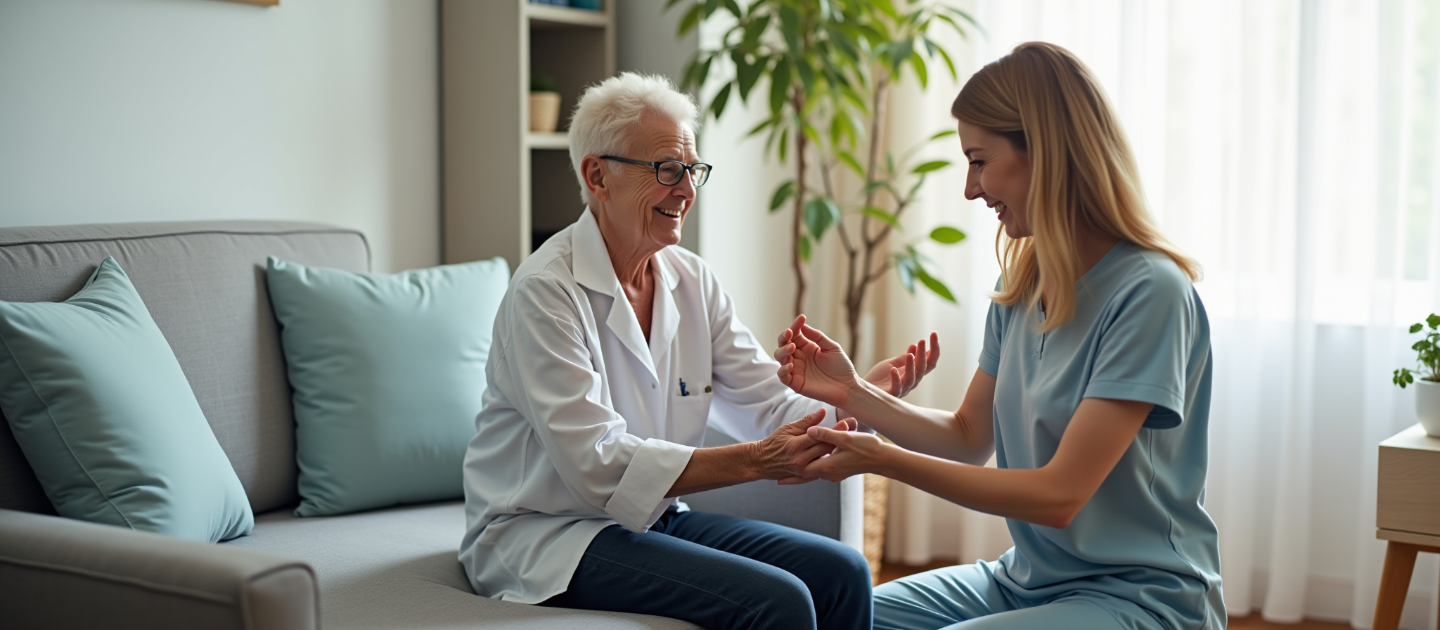 Caregiver holding the hands of a smiling senior woman.