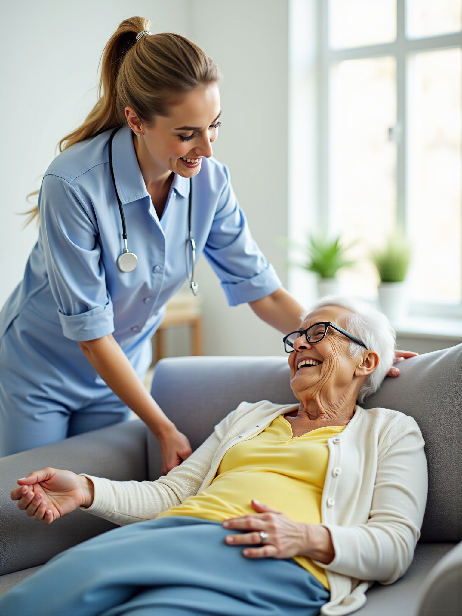 Nurse smiling while caring for a happy senior woman.