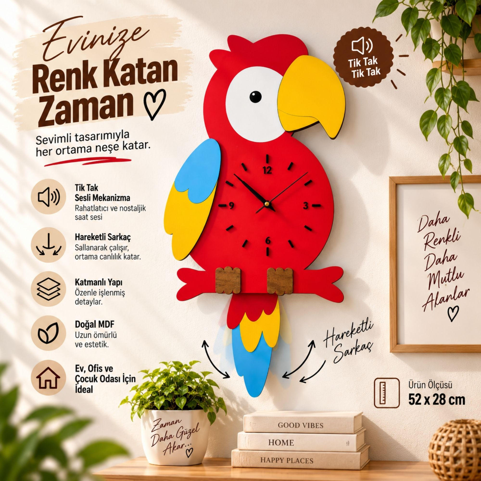 Renkli Papağan Duvar Saati | Hareketli Sarkaçlı MDF Saat 52x28 cm