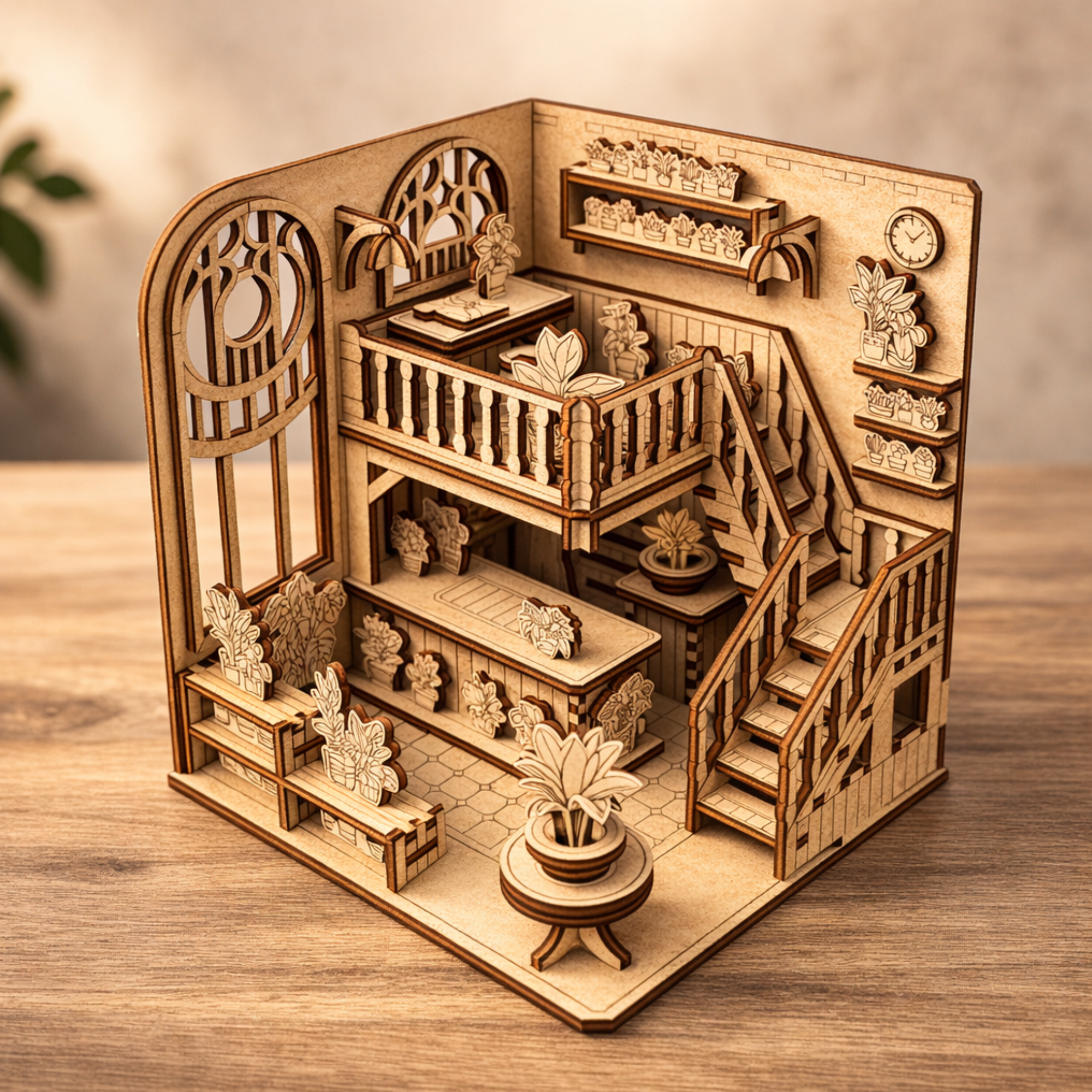 Greenhouse Ahşap Minyatür Diorama Maketi - 90 Parça MDF Book Nook Minyatür Ev ve
