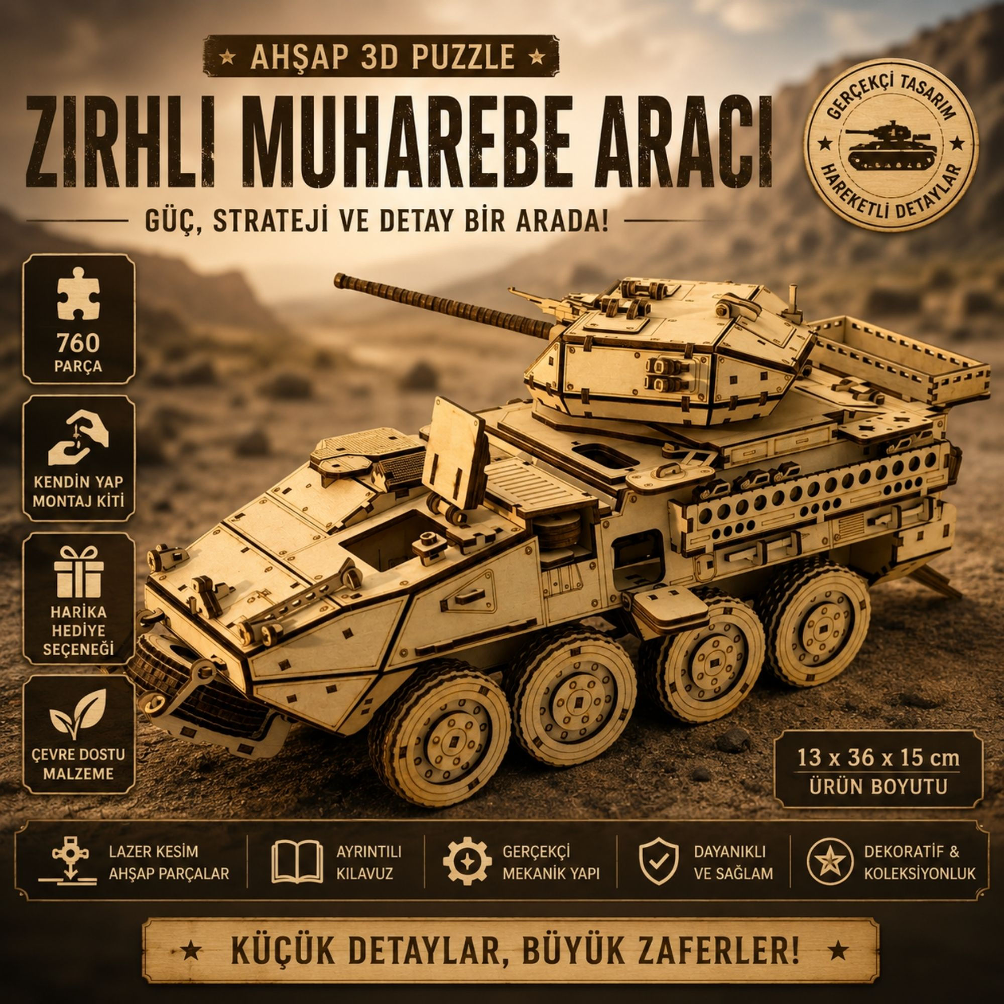 M1296 Tank Minyatür Ahşap Maket | 3D Puzzle DIY Kendin Yap | 760 Parça Hobi Seti