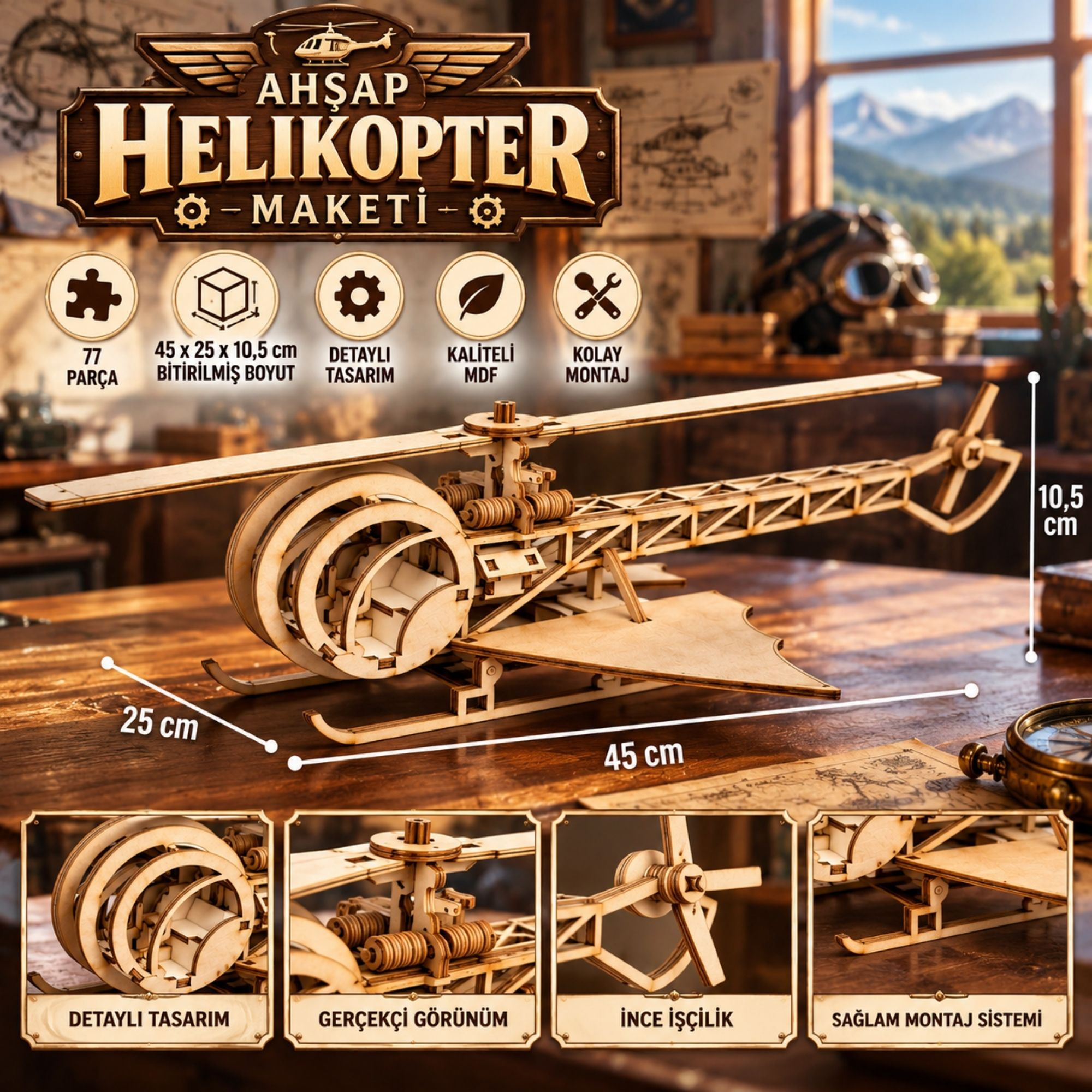 Ahşap Helikopter Maketi – 77 Parçalı Dekoratif Model