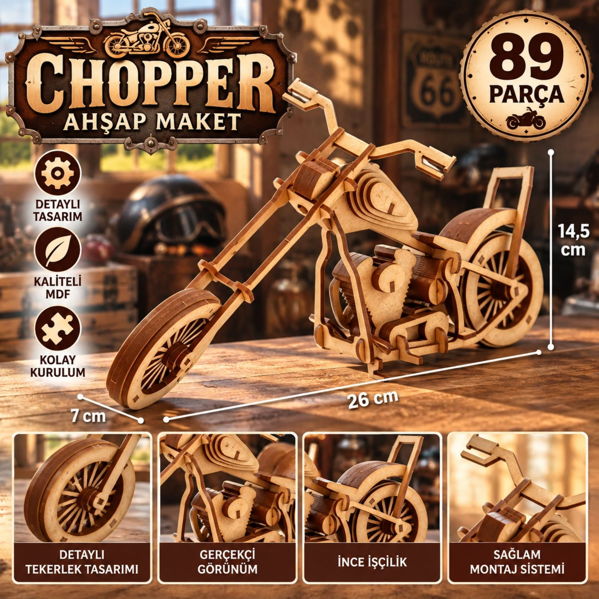 Chopper Ahşap Maket 89 Parça 3D MDF Motosiklet Modeli