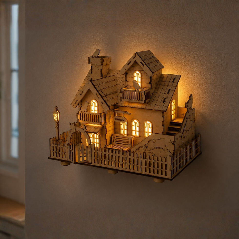 Küçük resim: 3D Ahşap Peri Ledli Dekoratif Ev Maketi - Duvara Asılabilir LED Işıklı Hobi