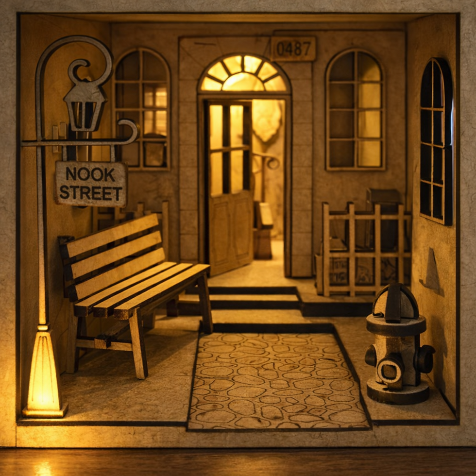 Küçük resim: Nook Street Book Nook Ahşap Maket – Işıklı Kitaplık Arası Mini Sokak Diorama-3D