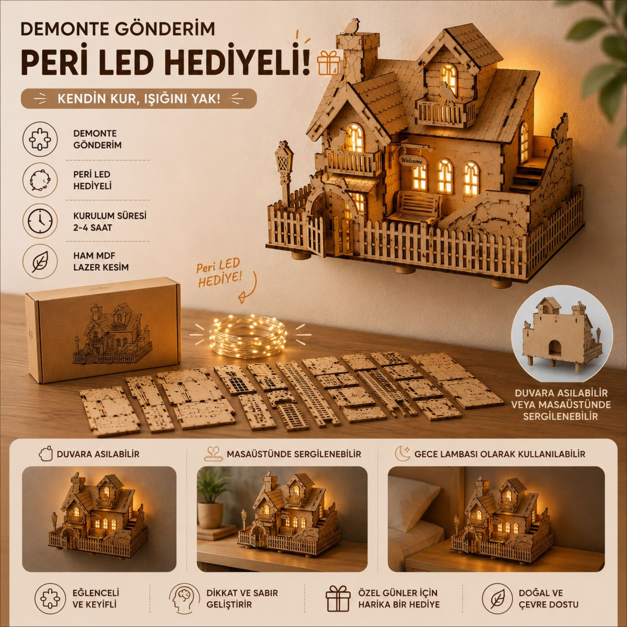 3D Ahşap Peri Ledli Dekoratif Ev Maketi - Duvara Asılabilir LED Işıklı Hobi