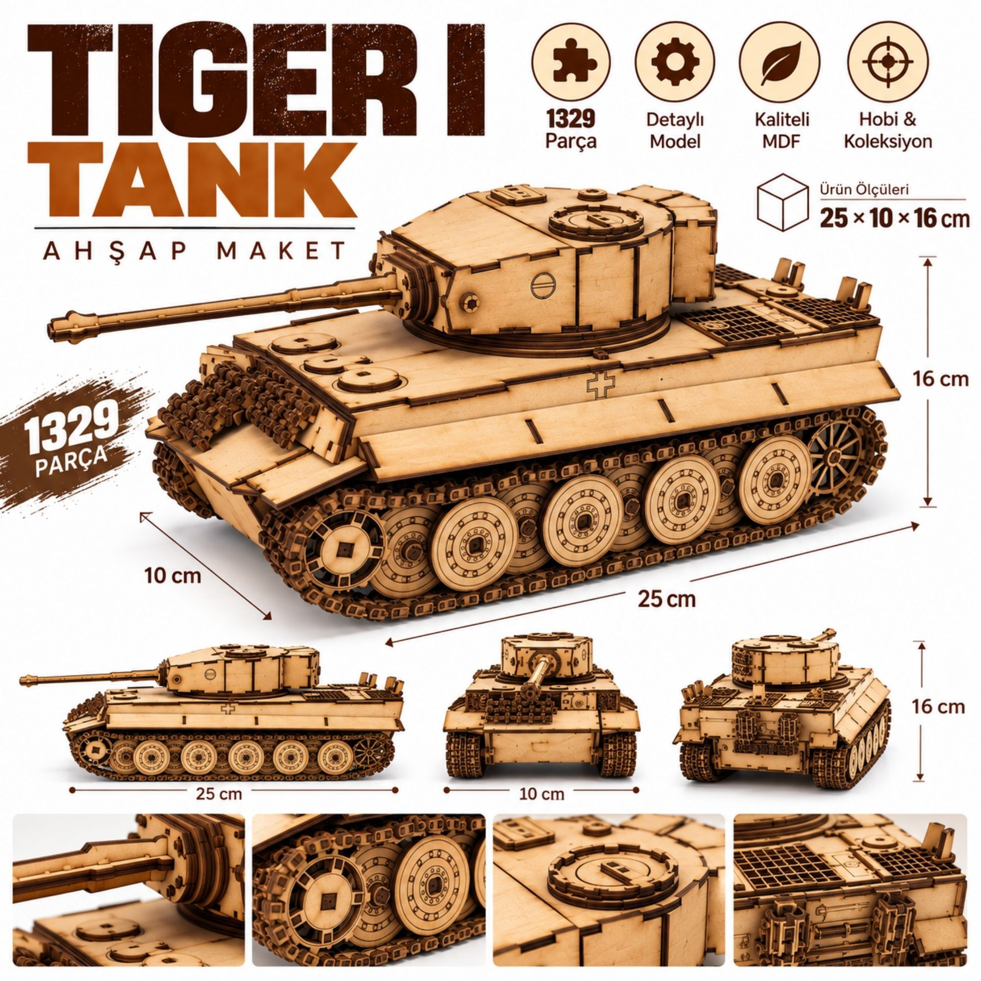 Tiger 1 Tank Ahşap Maket 1329 Parça 3D Model – Detaylı Askeri Araç Maketi