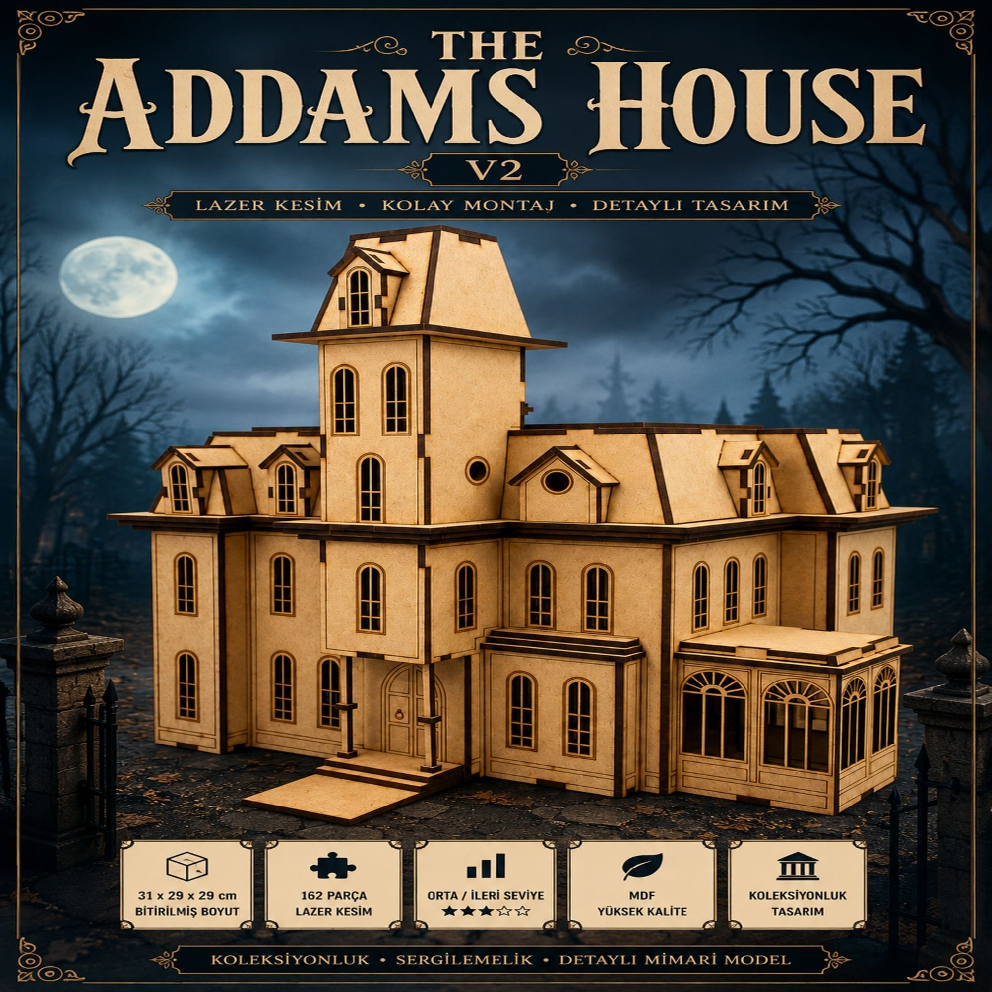 Addams House V2 Ahşap Maket – Gotik Köşk Koleksiyon Modeli