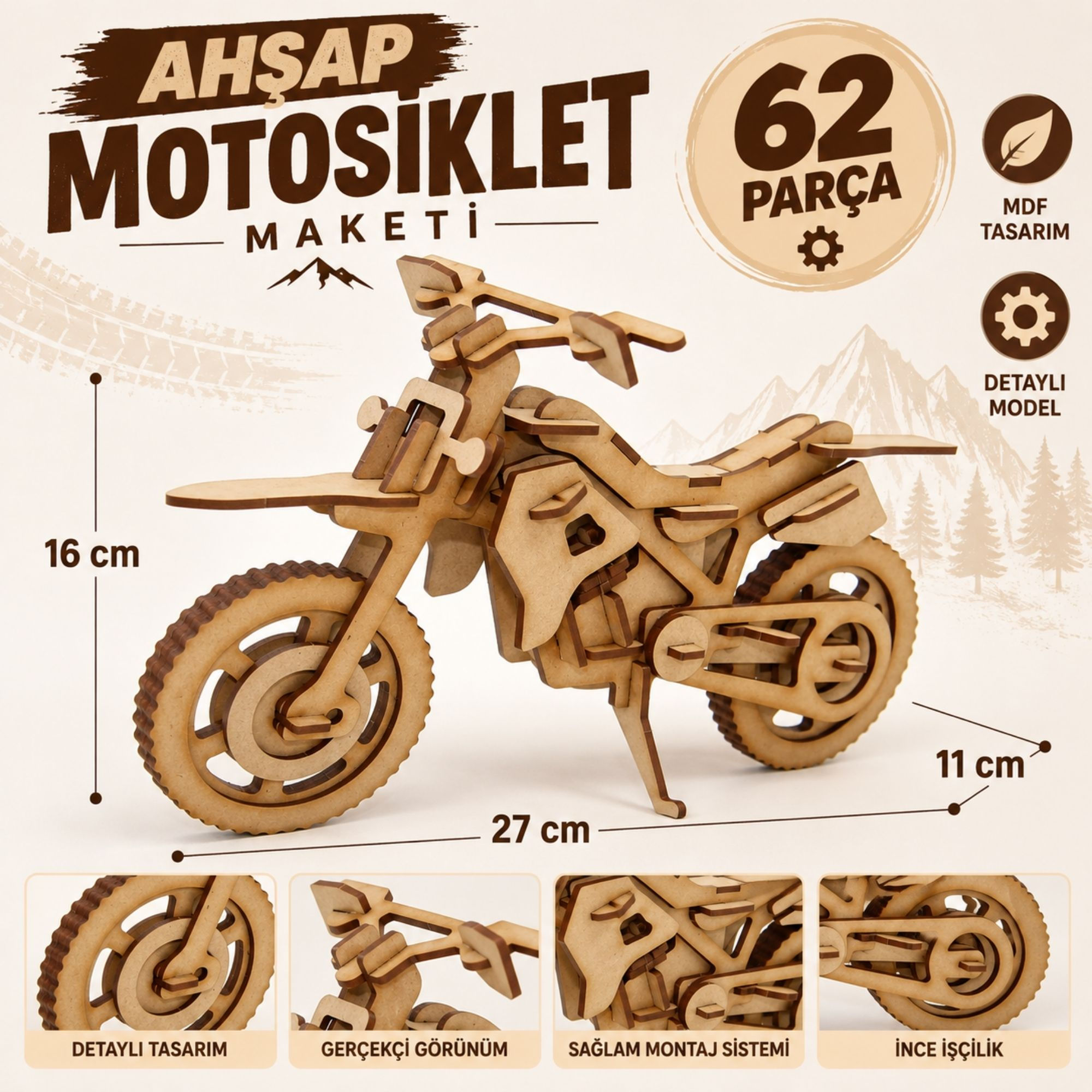 Ahşap Motosiklet Maketi 62 Parça – 3D MDF Dirt Bike Modeli