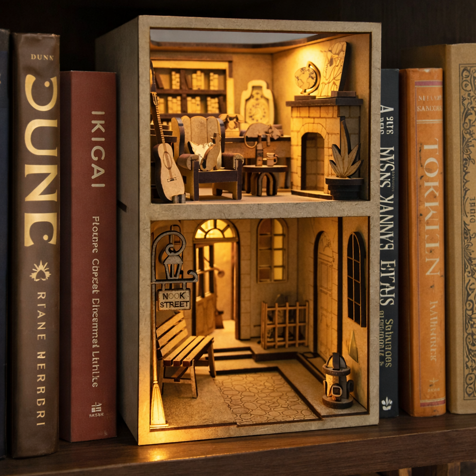 Küçük resim: Nook Street Book Nook Ahşap Maket – Işıklı Kitaplık Arası Mini Sokak Diorama-3D