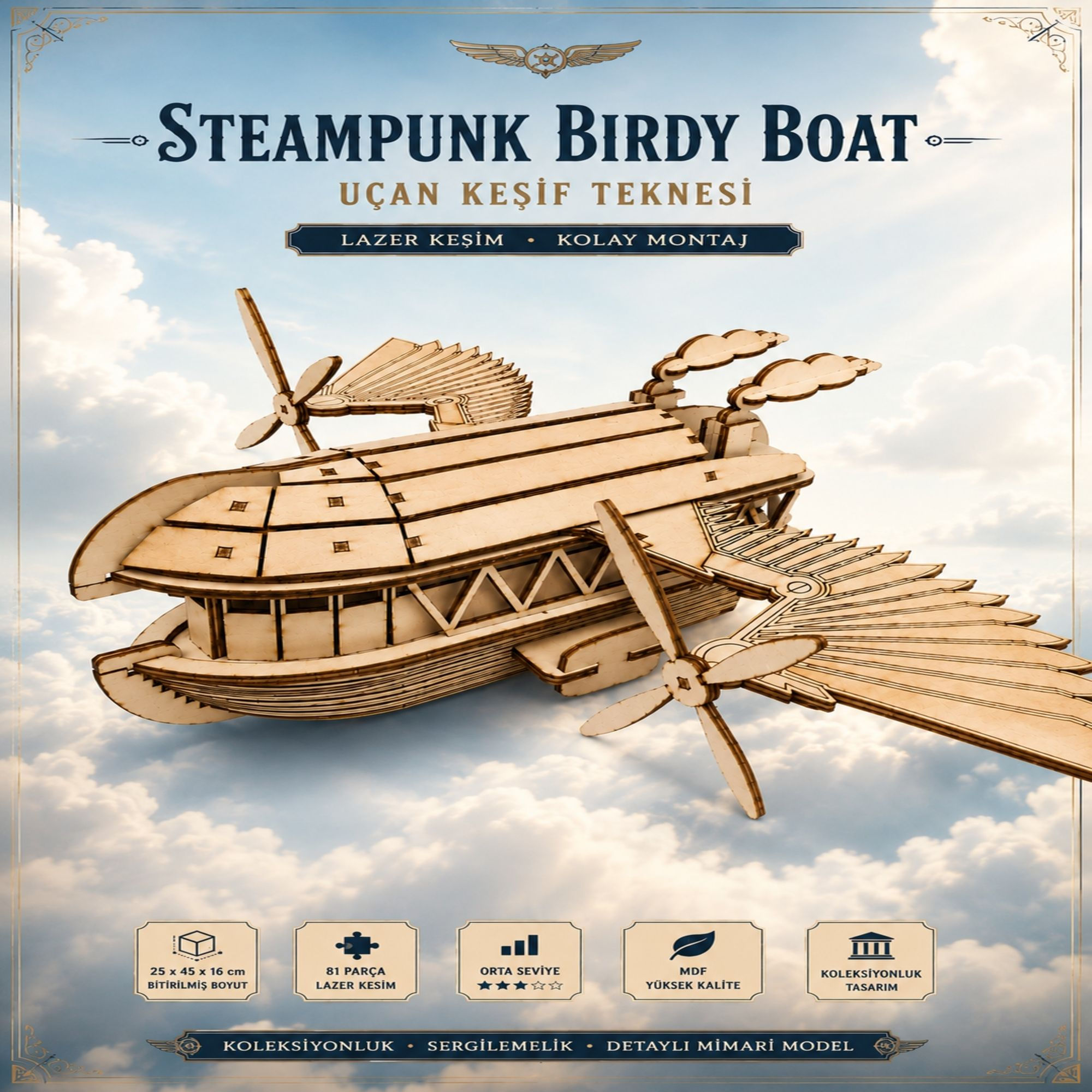 Steampunk Birdy Boat Ahşap Maket 81 Parça 3D MDF Uçan Keşif Teknesi