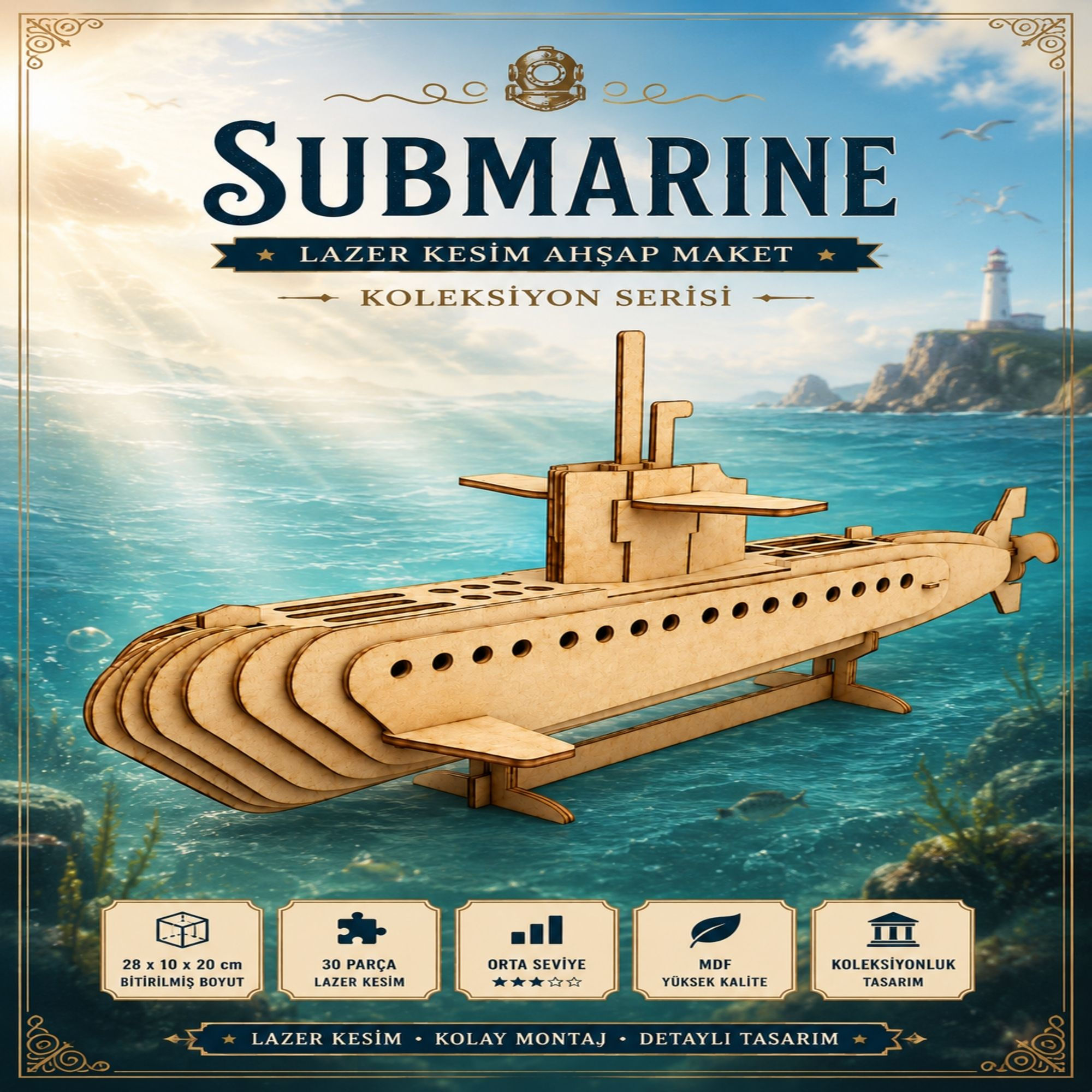 Submarine Ahşap Maket 30 Parça 3D MDF Denizaltı Modeli – Koleksiyon Serisi