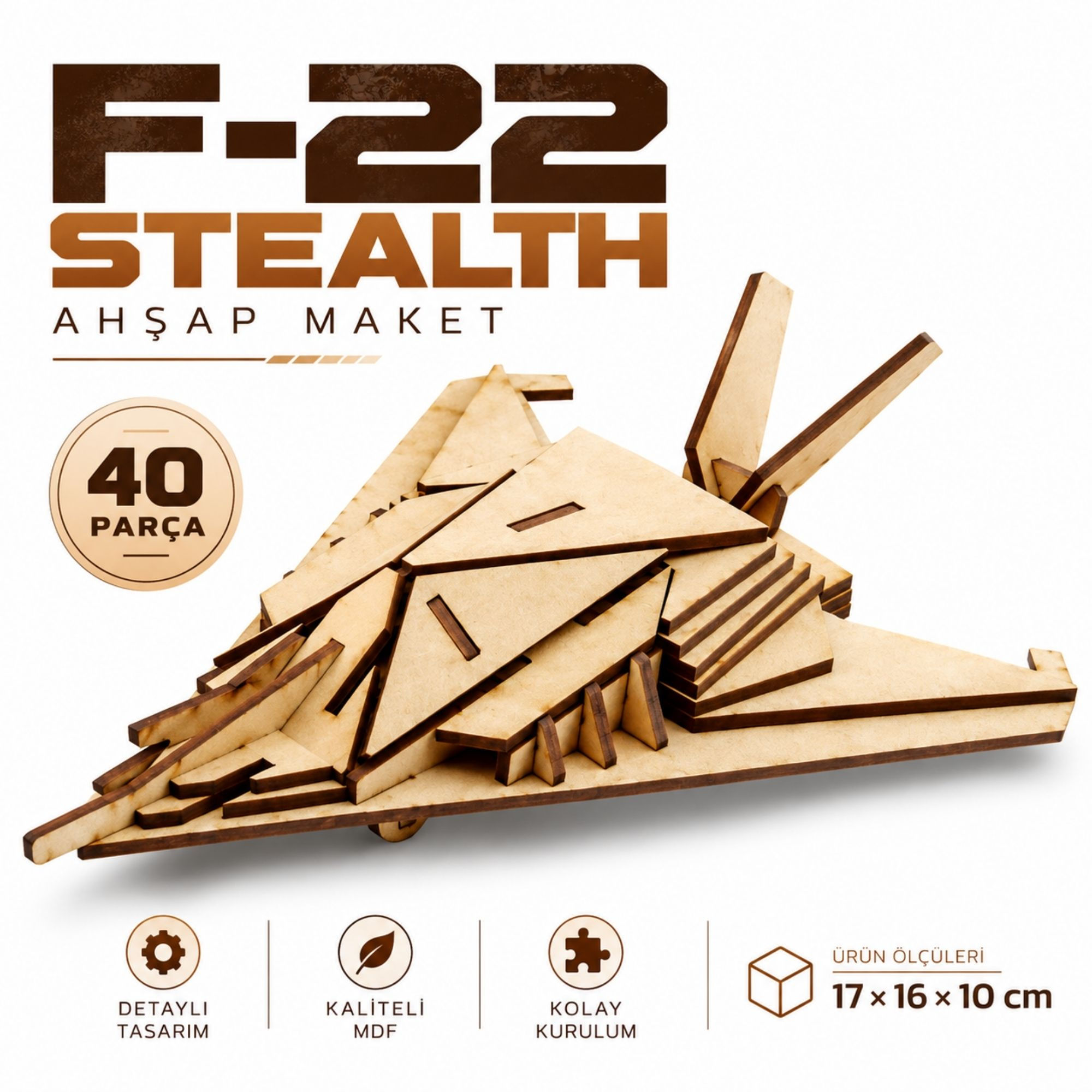 F22 Stealth Ahşap Maket 40 Parça 3D MDF Savaş Uçağı Modeli