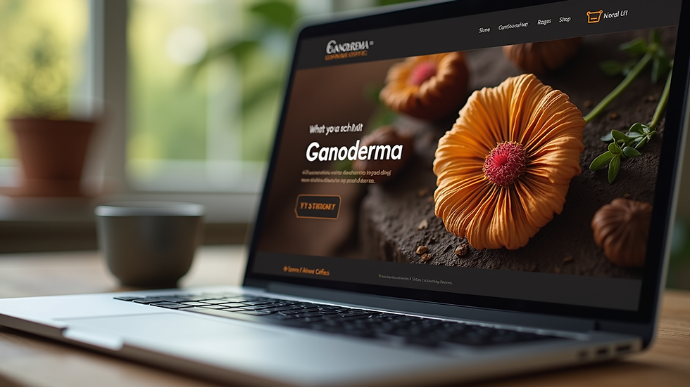 Eye-level view of a laptop screen displaying an online store selling Ganoderma coffee