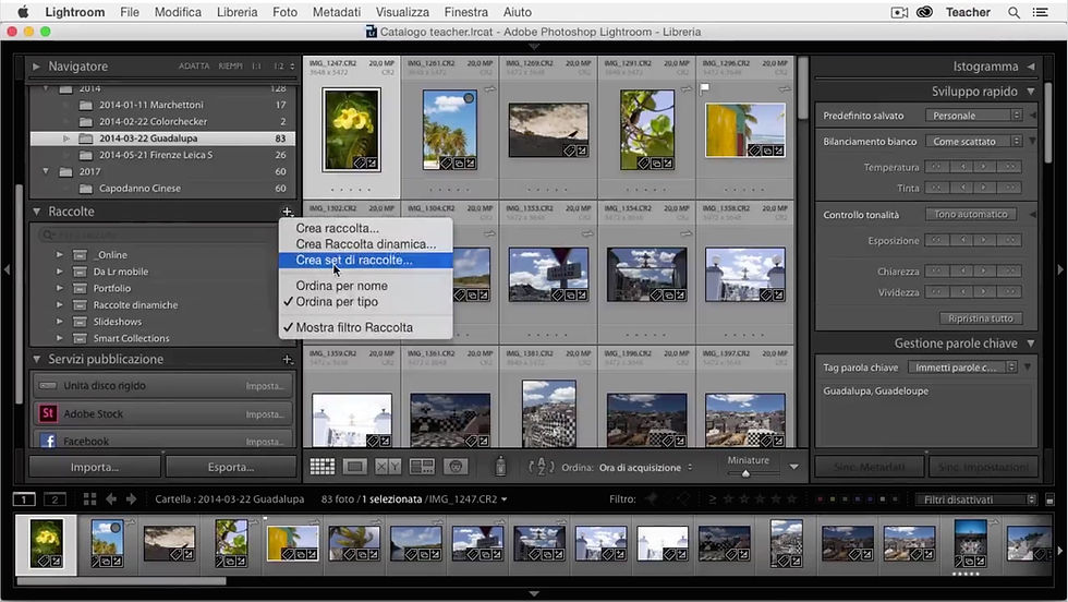 la pagina di Lightroom CC aperta sul modulo Libreria, il cursore posizionato sul menù Raccolte posizionato a sinistra, seleziona la voce Crea set di raccolte